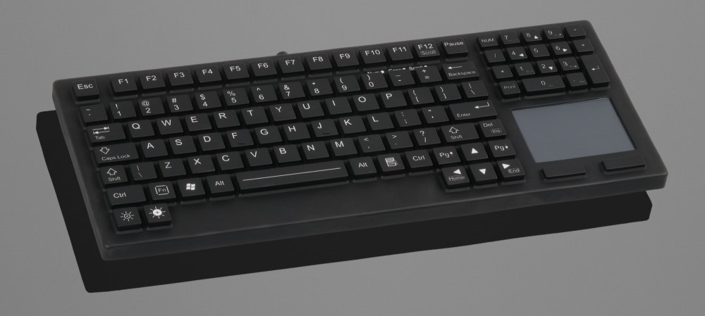  The compact silicone keyboard DS105S TP offers full functionality thanks to its touchpad and 105 keys, is extremely space-saving (309x127x16mm) and designed for the harshest industrial applications (IP68). 